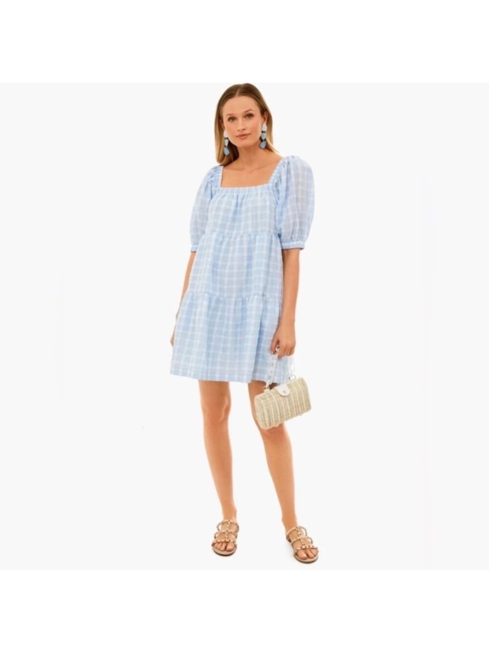 Hyacynth House Light Blue Gingham Greta Tiered Mini Dress Size XXL 2XL NWT $158